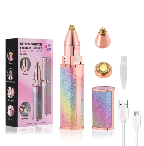 Blawless 2-in-1 eyebrow and facial hair remover complete kit with USB charging cable, interchangeable heads and cleaning brush