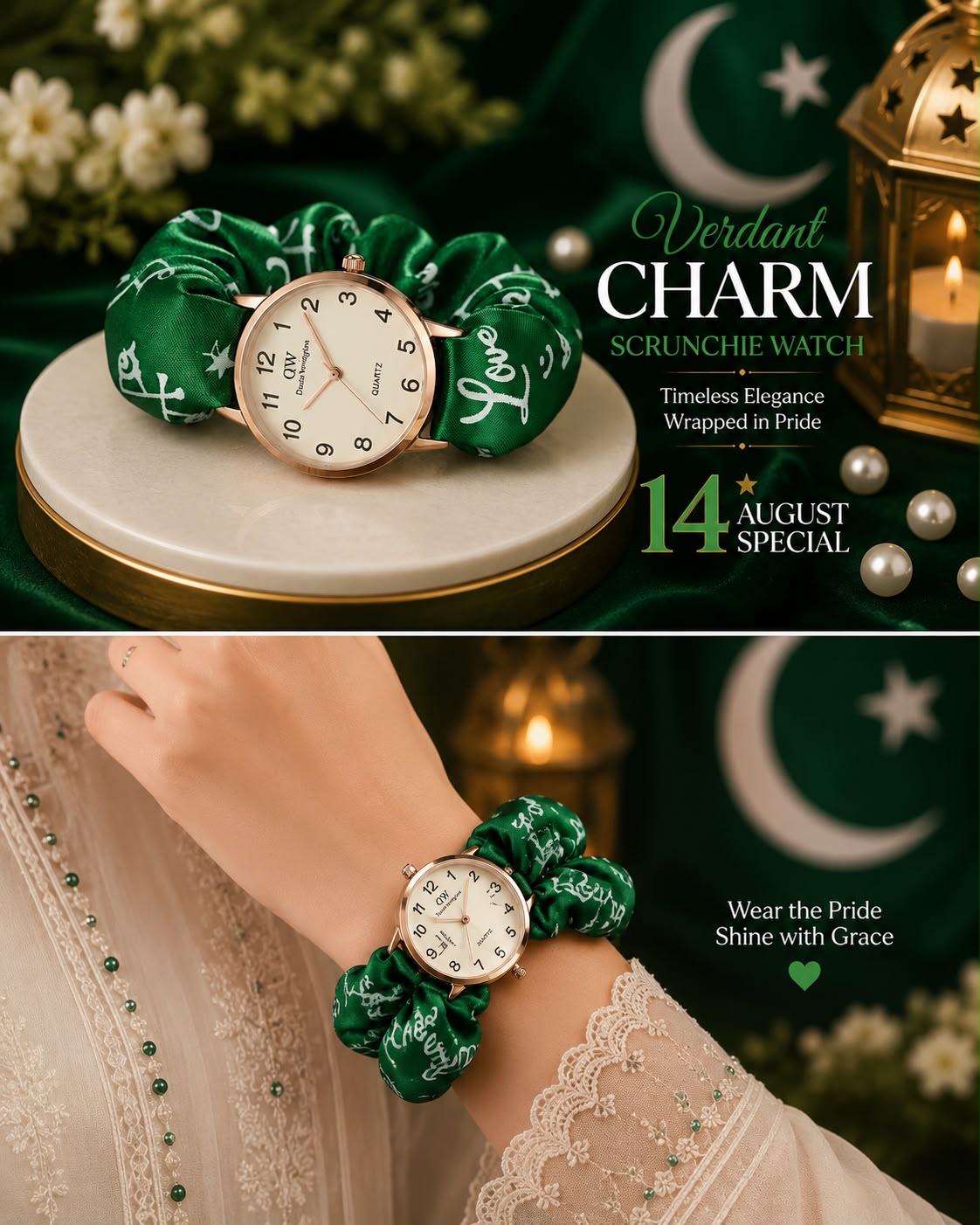 A promotional collage for a green scrunchie watch. The top panel shows the watch resting on a white round pedestal with a green fabric band printed with white stars and crescent moons.