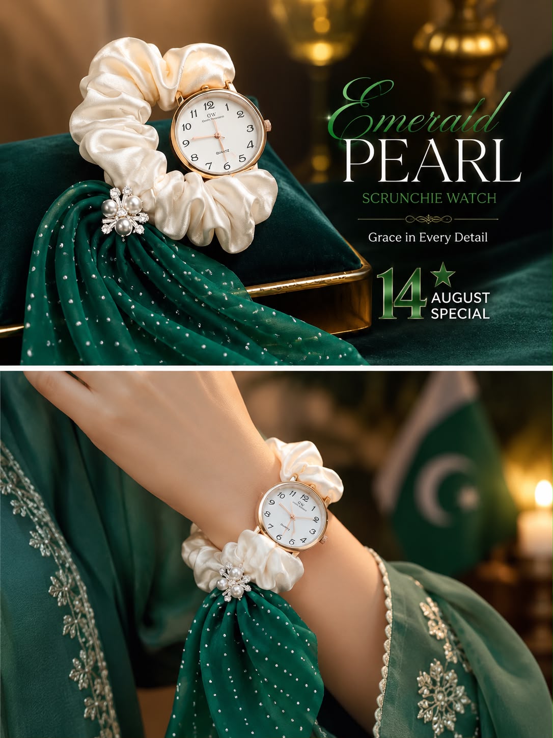 A promotional collage for an Emerald Pearl scrunchie watch. The top panel shows the watch with a cream satin scrunchie and jeweled charm on a dark green velvet surface.