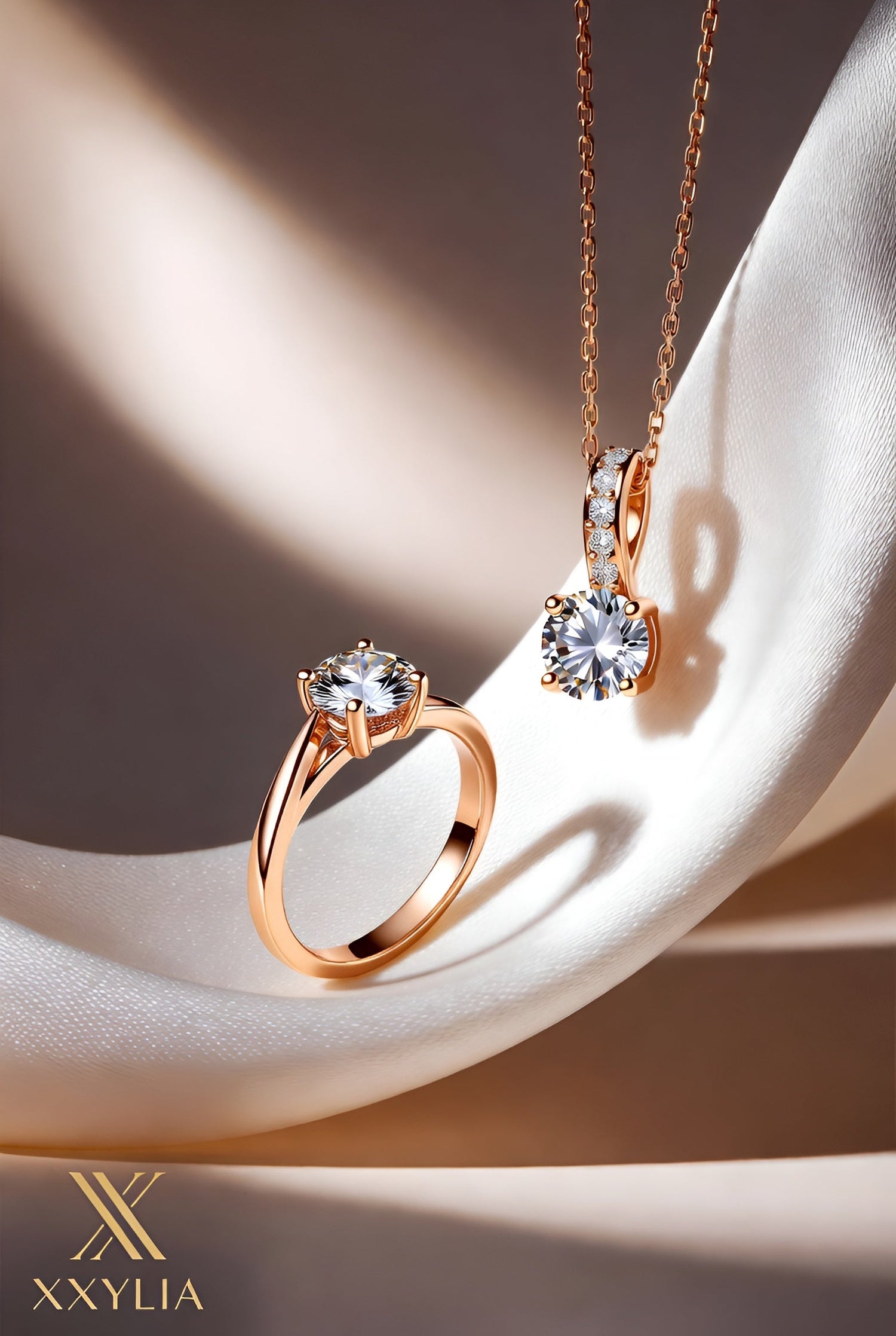 XXYLIA rose gold diamond ring and pendant necklace set with round-cut stones, elegant minimal jewelry for gifting, engagement, and everyday luxury wear