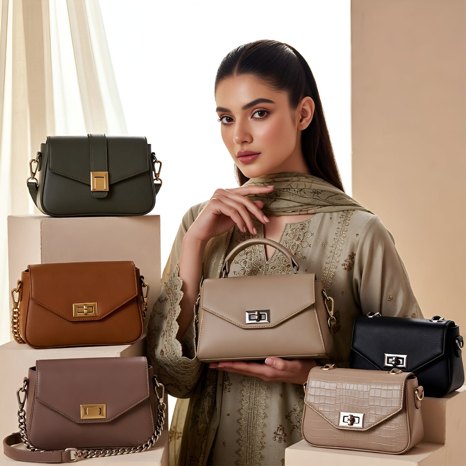 XXYLIA stylish women’s leather handbags collection in neutral tones with crossbody and top-handle styles, perfect for everyday and formal wear.