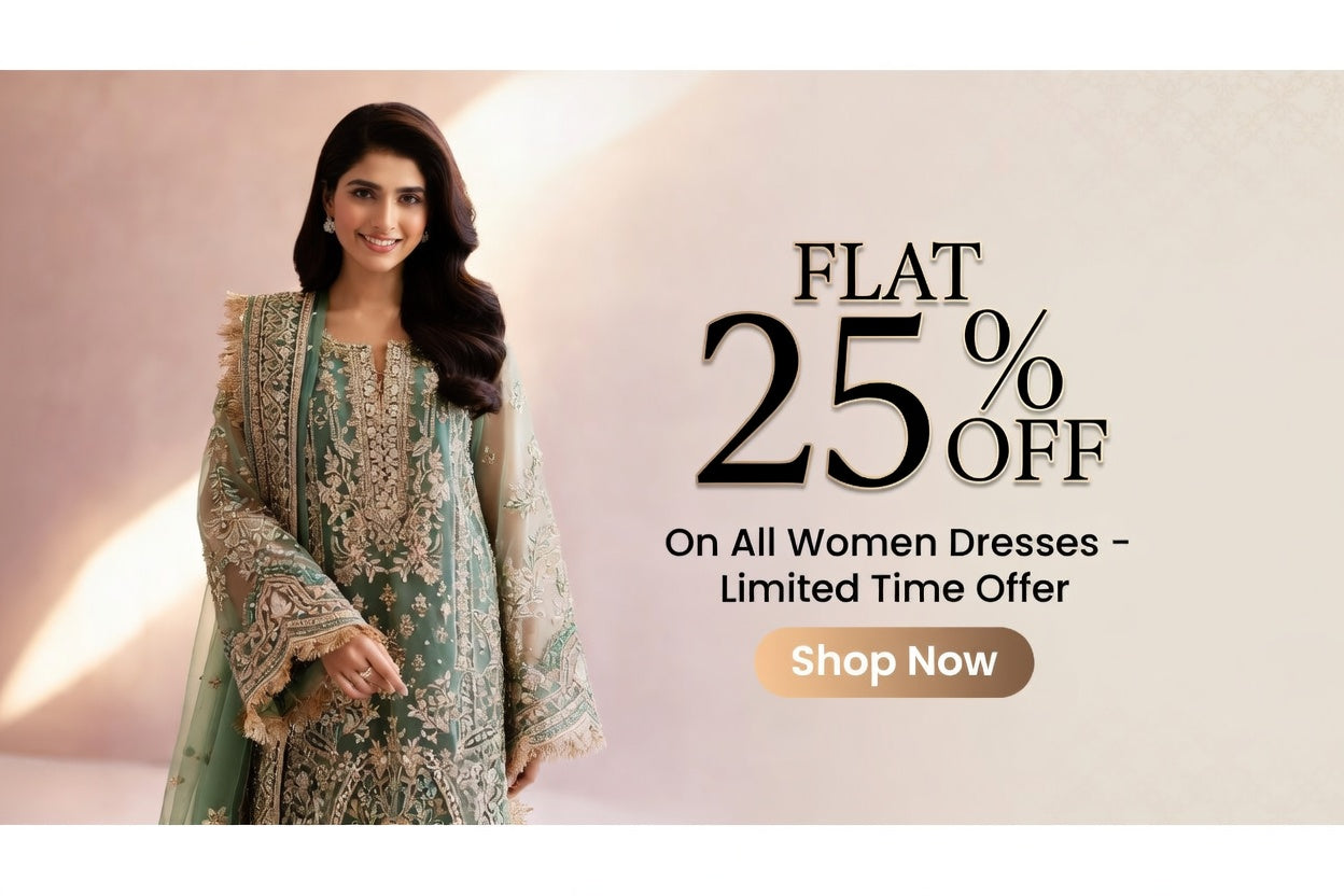 Women in a traditional dress with promotional text for a 25% off offer on women's dresses.