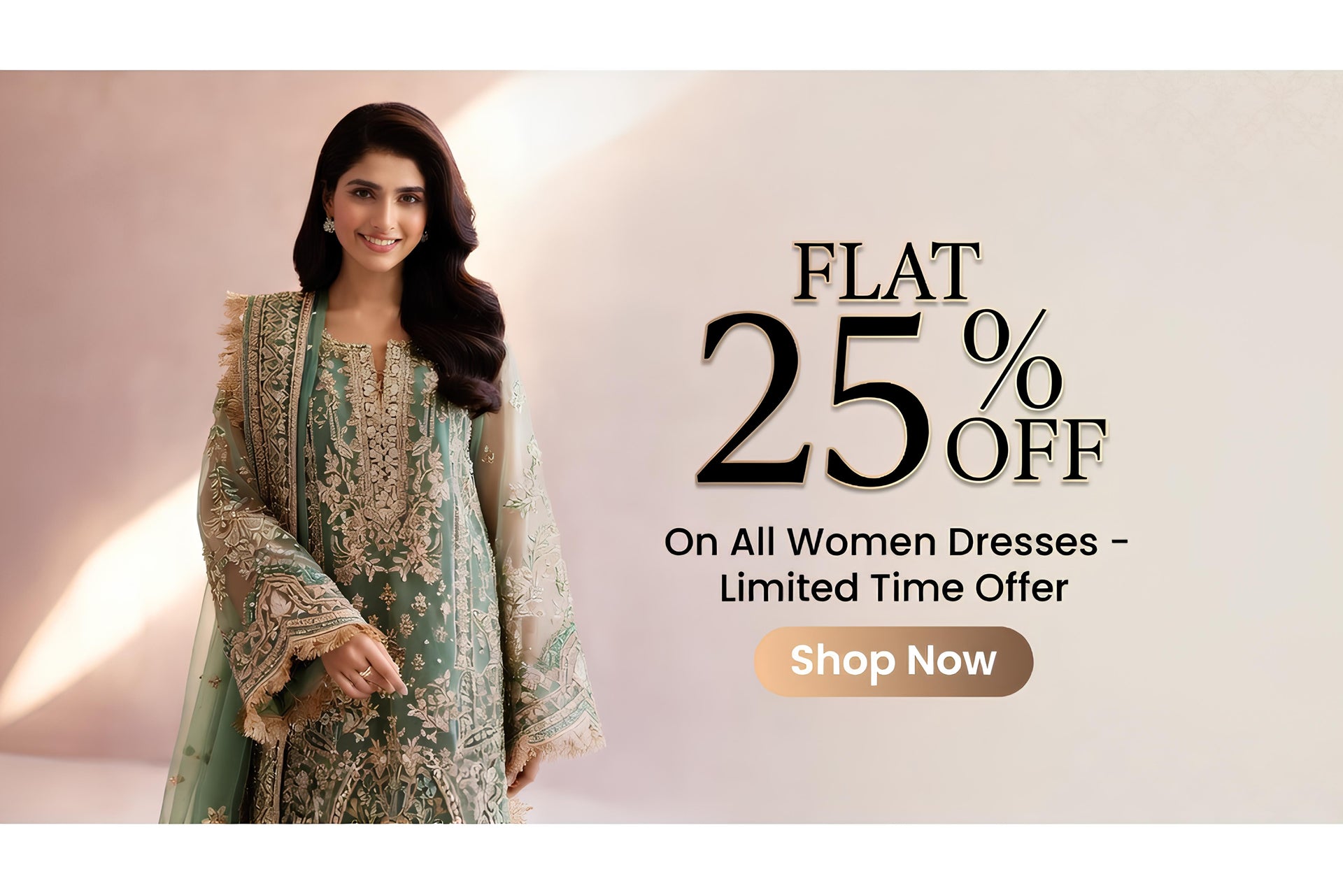 Women in a traditional dress with promotional text for a 25% off offer on women's dresses.