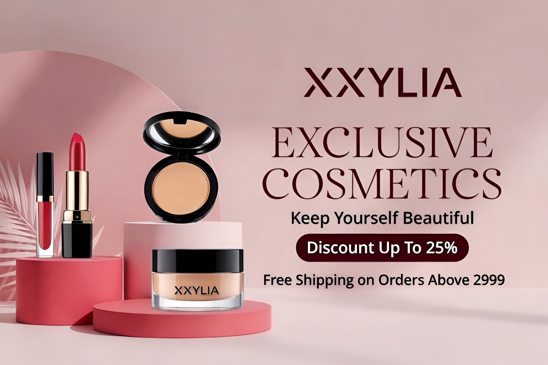 “XXYLIA exclusive cosmetics collection featuring red lipstick, liquid lipstick, compact powder and foundation jar on elegant display with up to 25% discount offer and free shipping promotion”