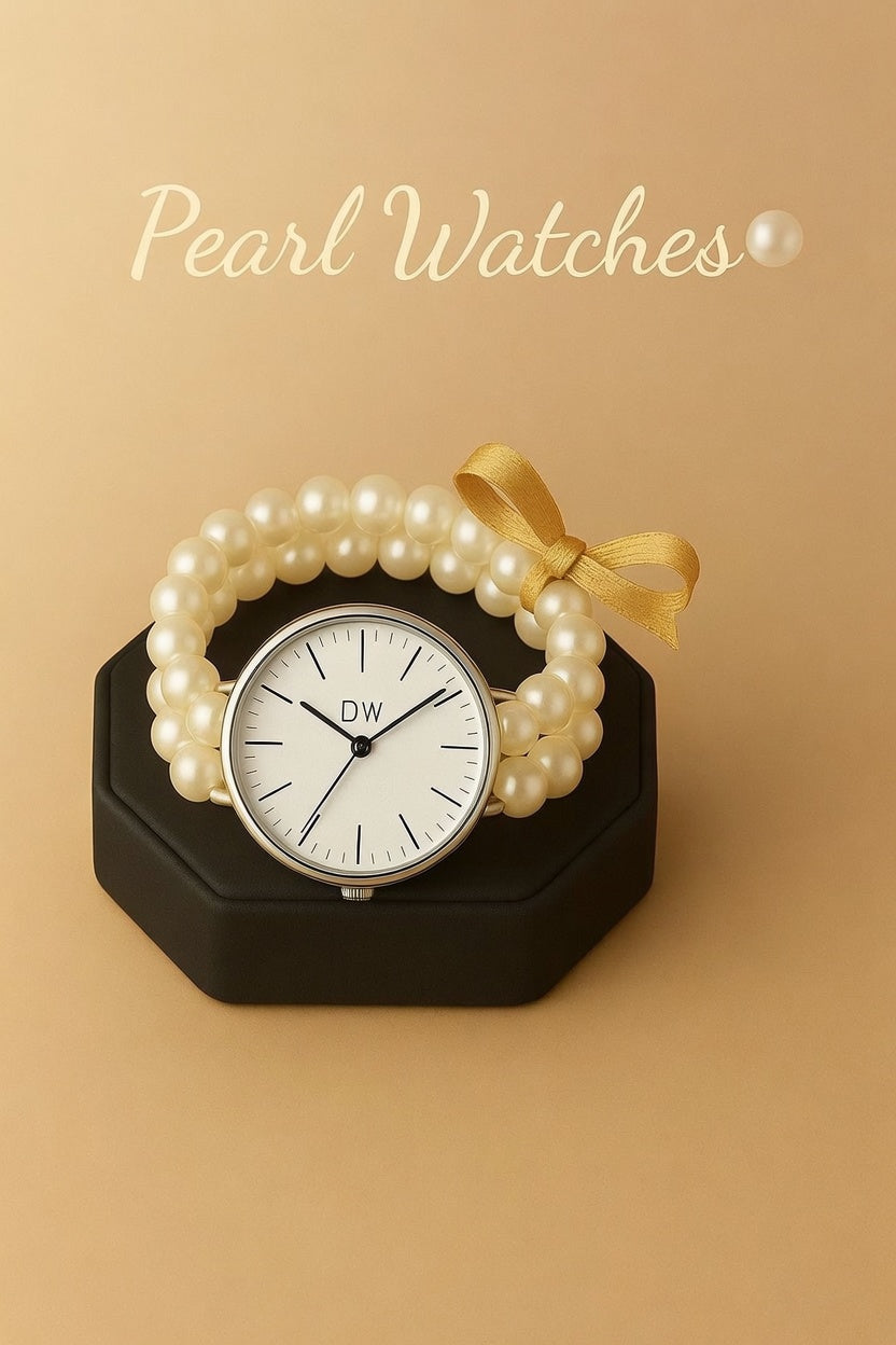 Pearl watch with a gold ribbon on a beige background, featuring the brand 'DW'.