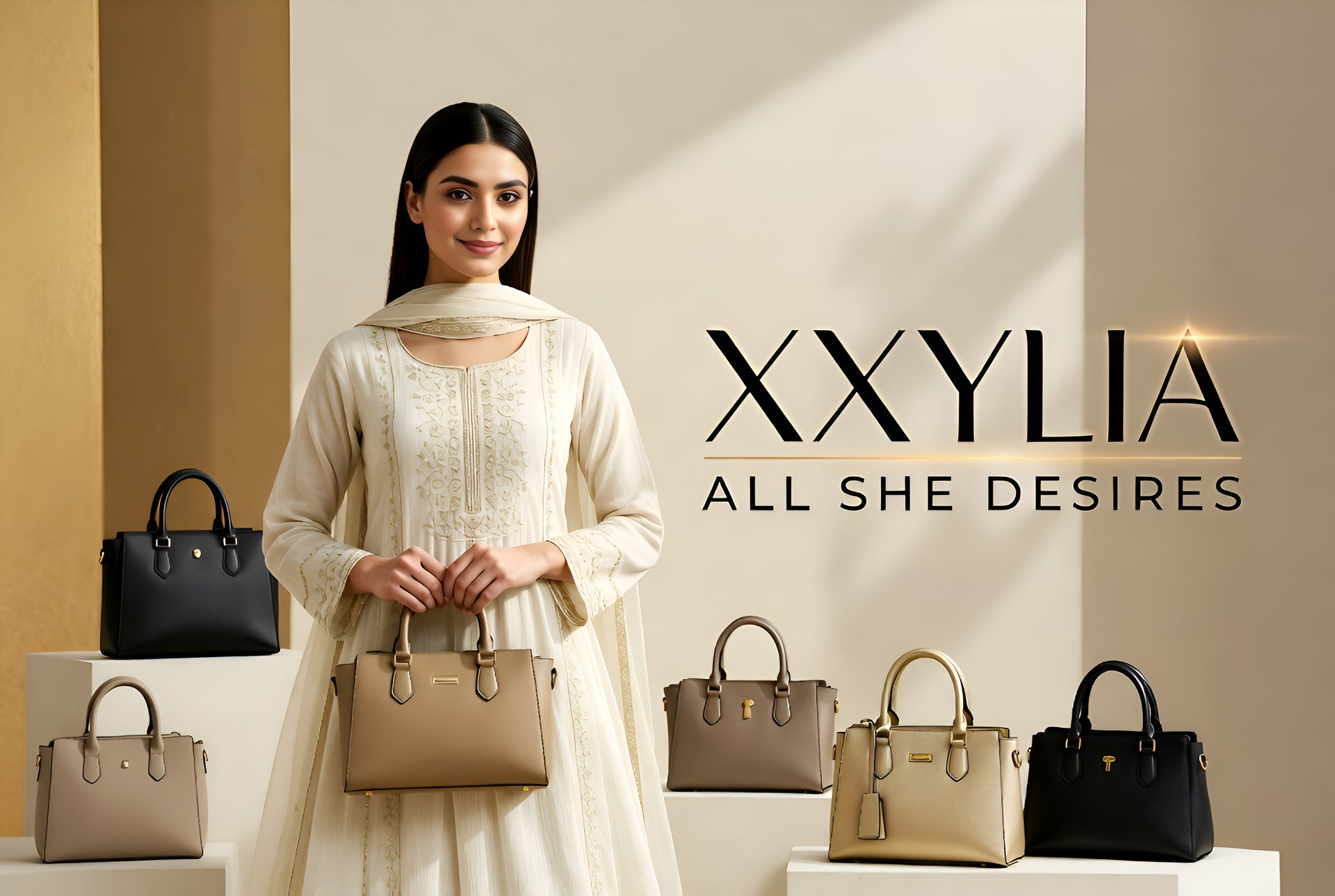 Women holding a beige handbag with 'XXYLIA' branding and product display in the background.