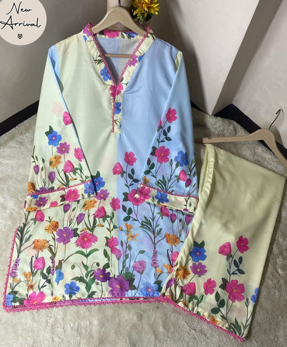 Floral-patterned outfit on hangers with 'New Arrival' label.