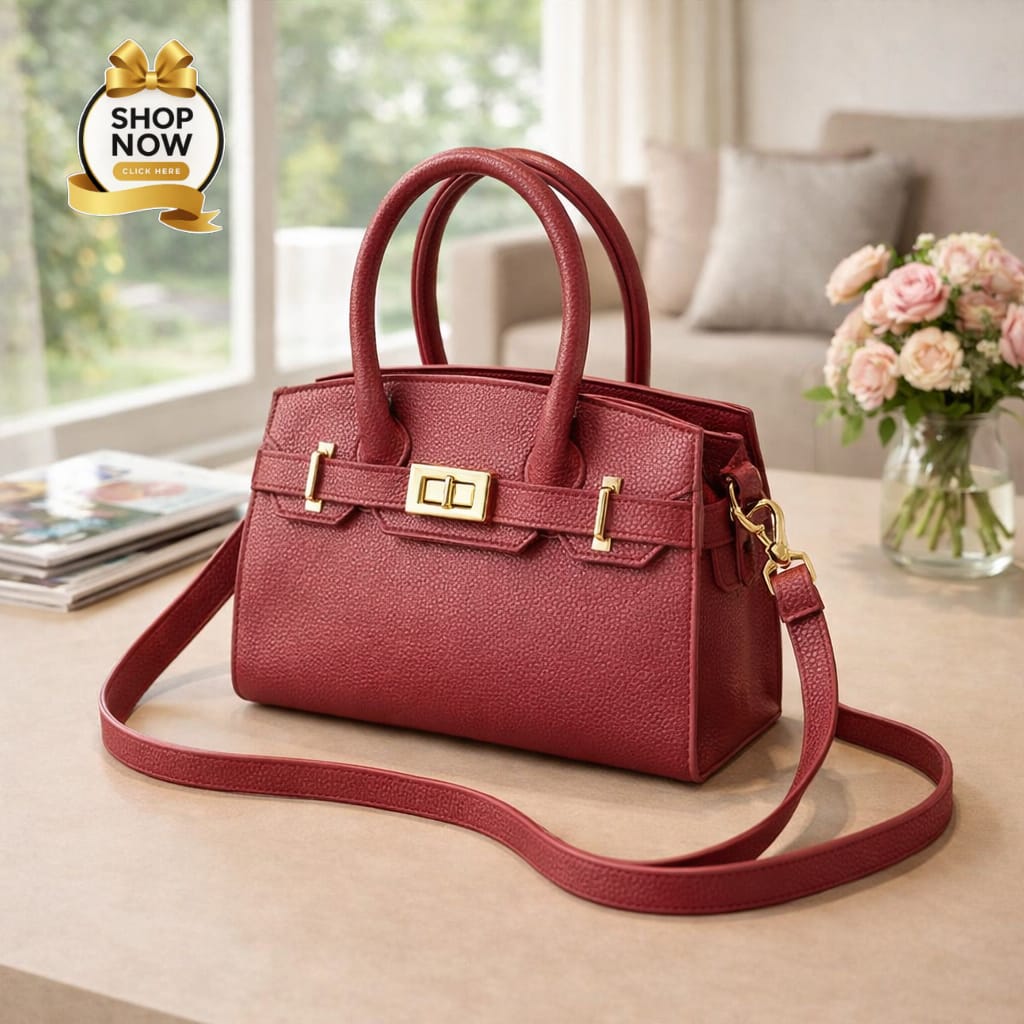 Red handbag with gold accents on a table with a 'Shop Now' button overlay.