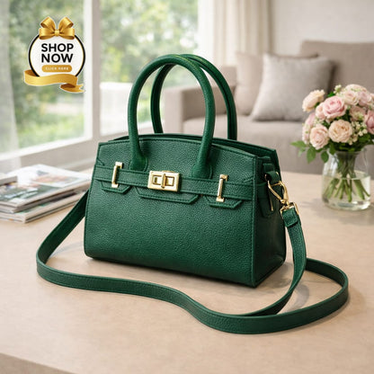 Green handbag on a table with a 'Shop Now' button overlay