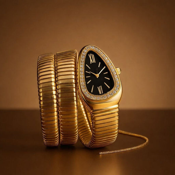 Gold wristwatch with a ribbed design on a brown background