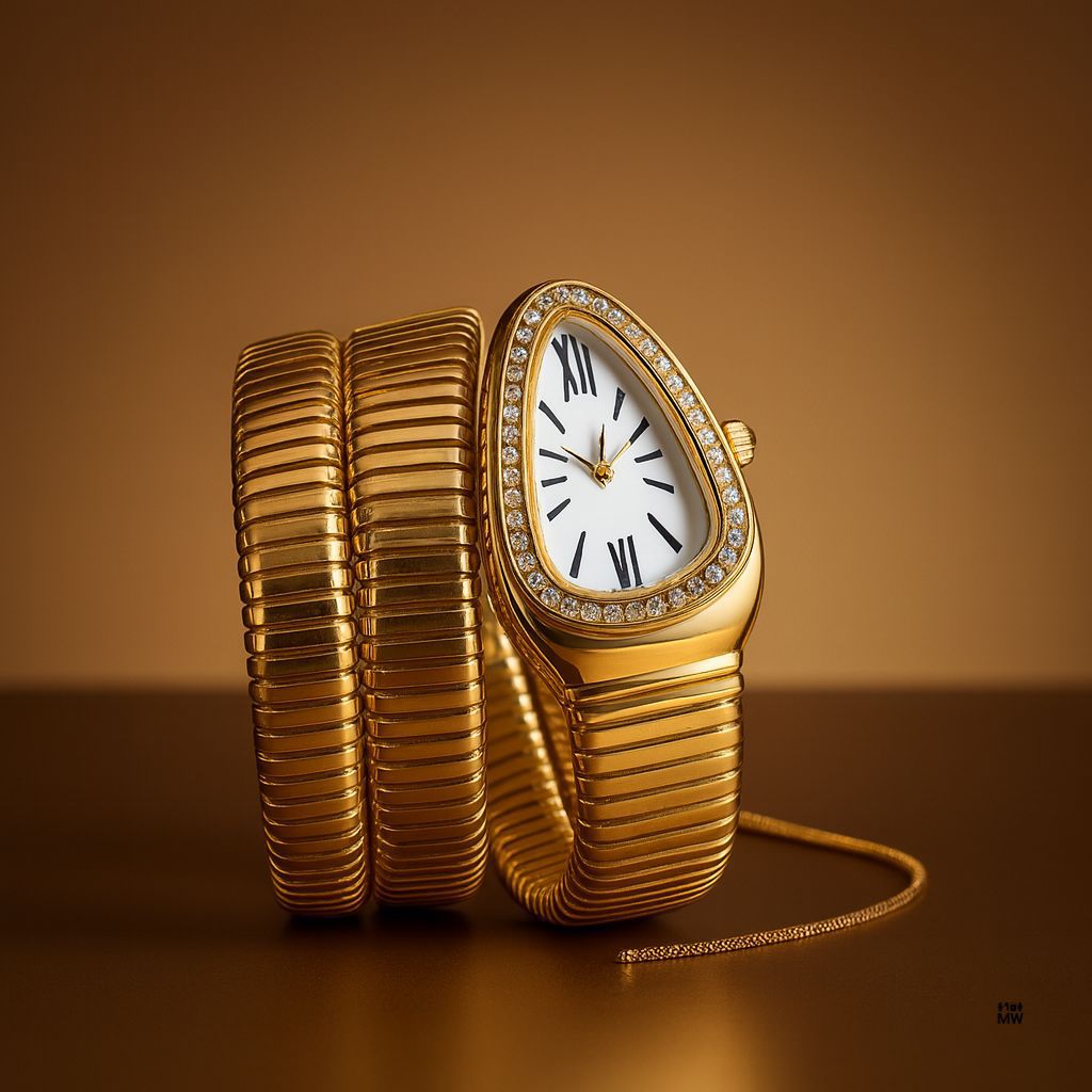 Gold wristwatch with a ribbed design on a brown background