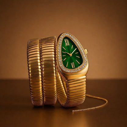 Gold watch with green face and diamond-studded bezel on a brown background