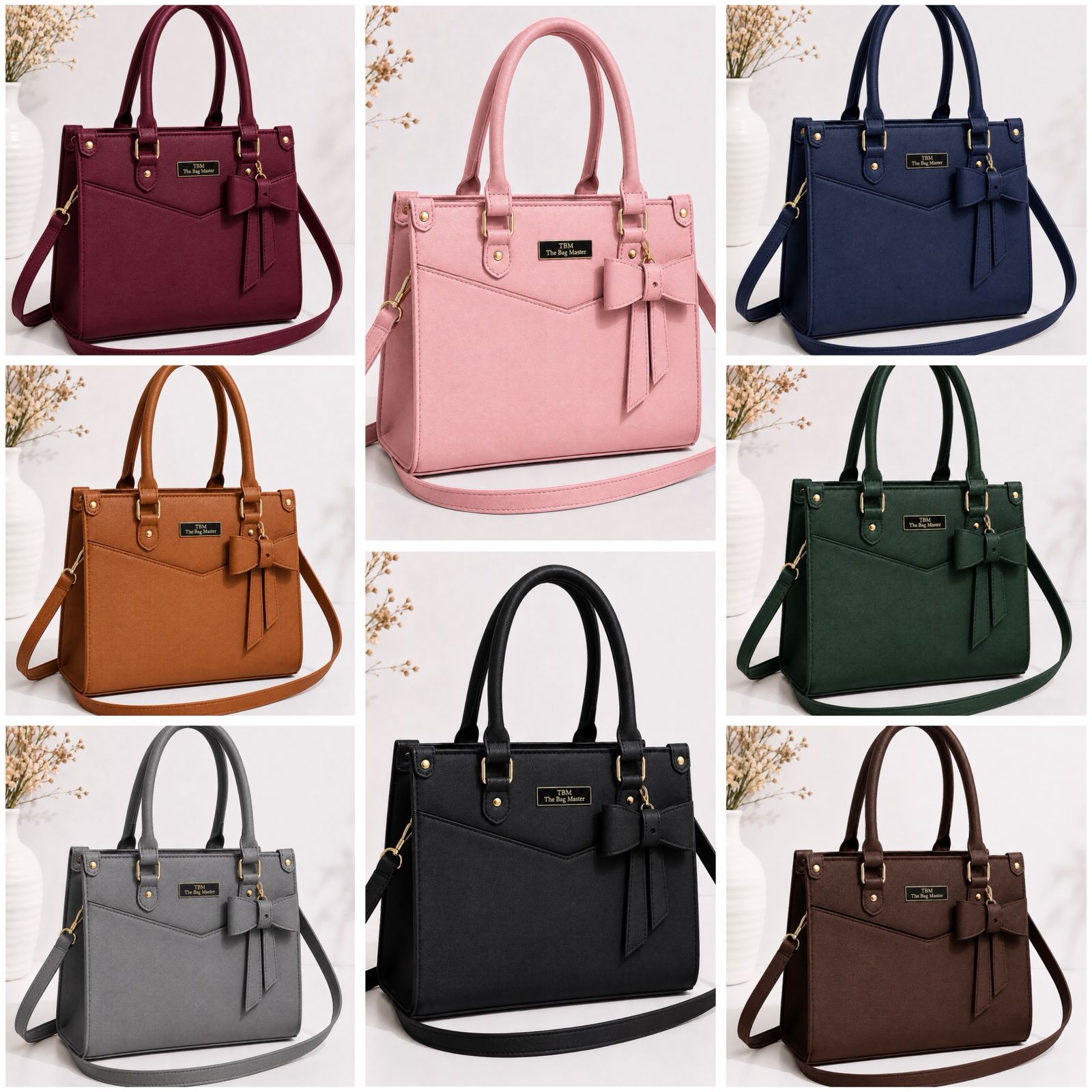 Collage of various handbags in different colors on a white background