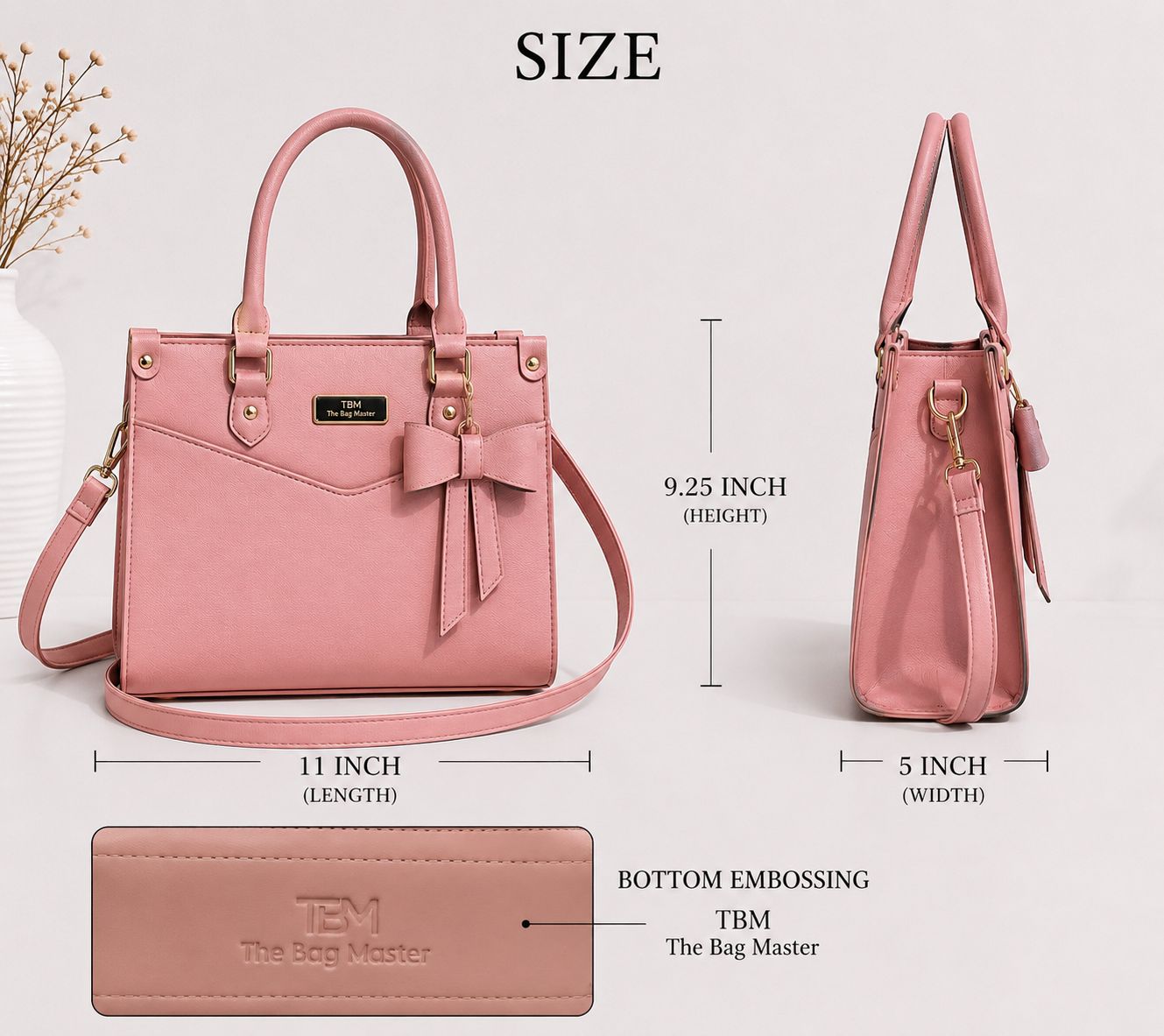 Pink handbag with measurements and branding on a light background