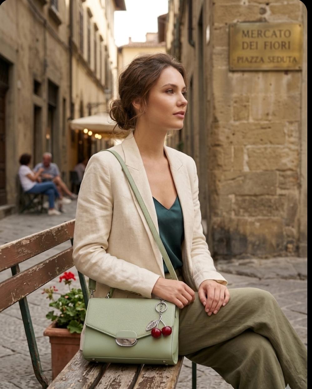 Woman sitting on a bench in an old street with a green handbag.