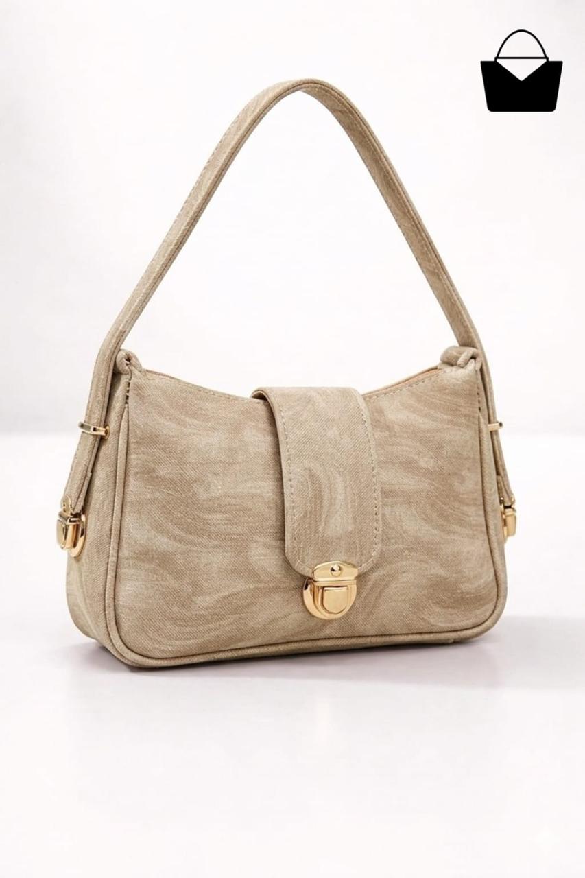 Beige handbag with gold accents on a white background