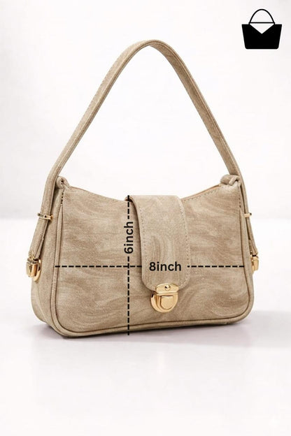 Beige handbag with measurements on a white background