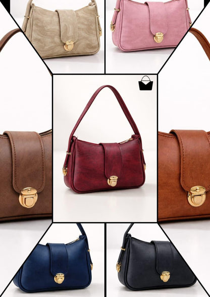 Collage of various handbags in different colors on a white background