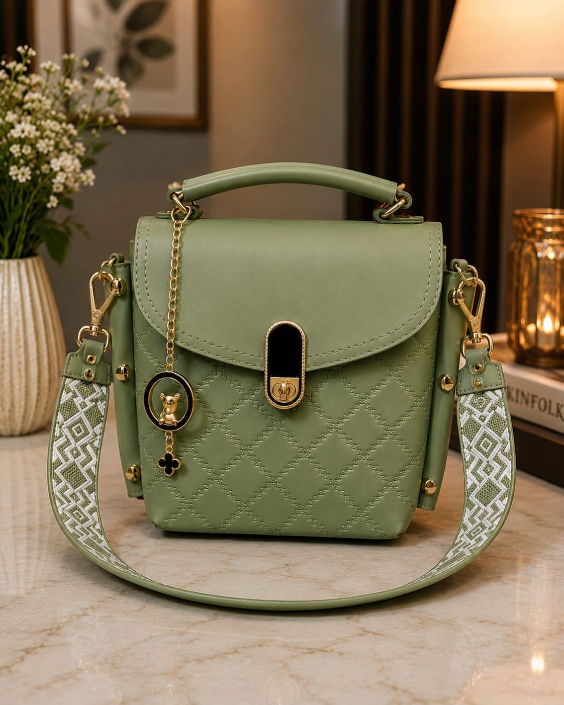 Green handbag with decorative strap on a marble surface