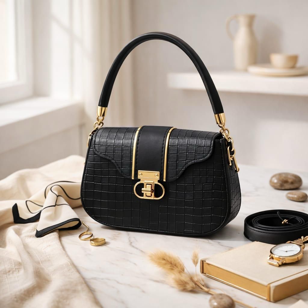 Black handbag with gold accents on a marble surface with decorative items.
