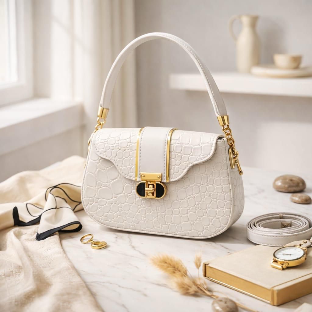 White handbag with gold accents on a marble surface with decorative items.