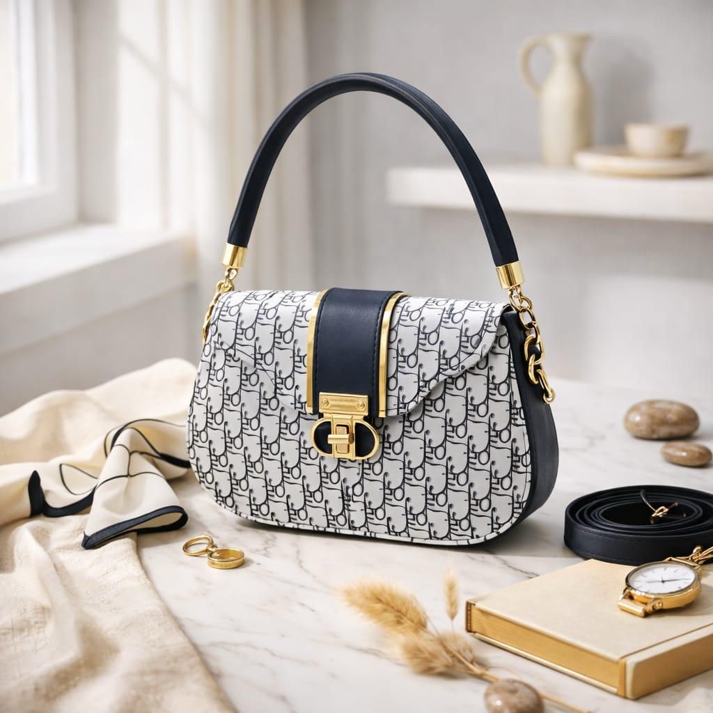 Designer handbag with black and gold accents on a marble surface with decorative items.