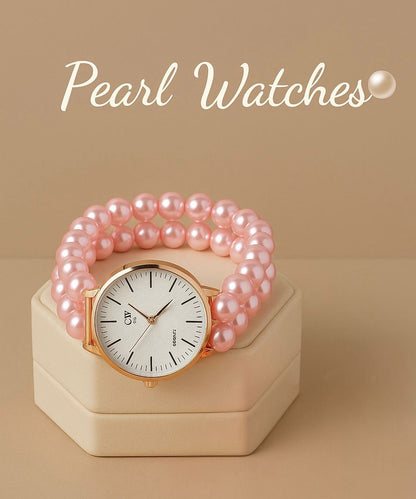 Pearl watch with pink beads on a beige background