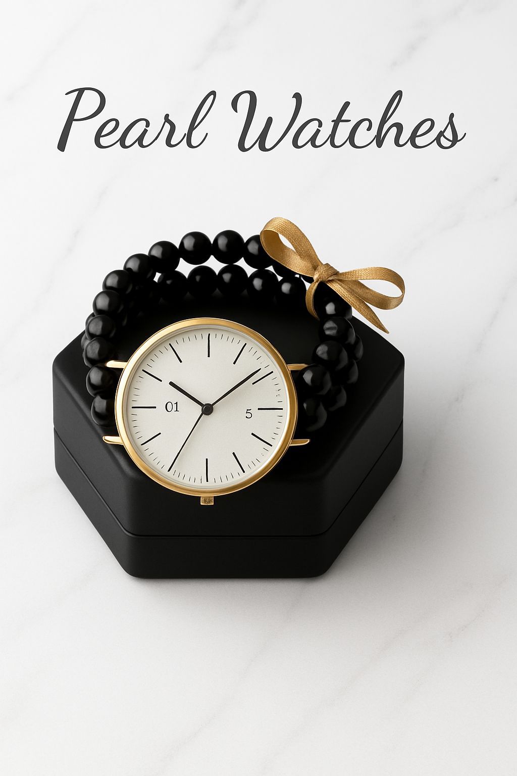Black watch with gold accents on a black stand, accompanied by a black beaded bracelet with a gold bow, on a white background.