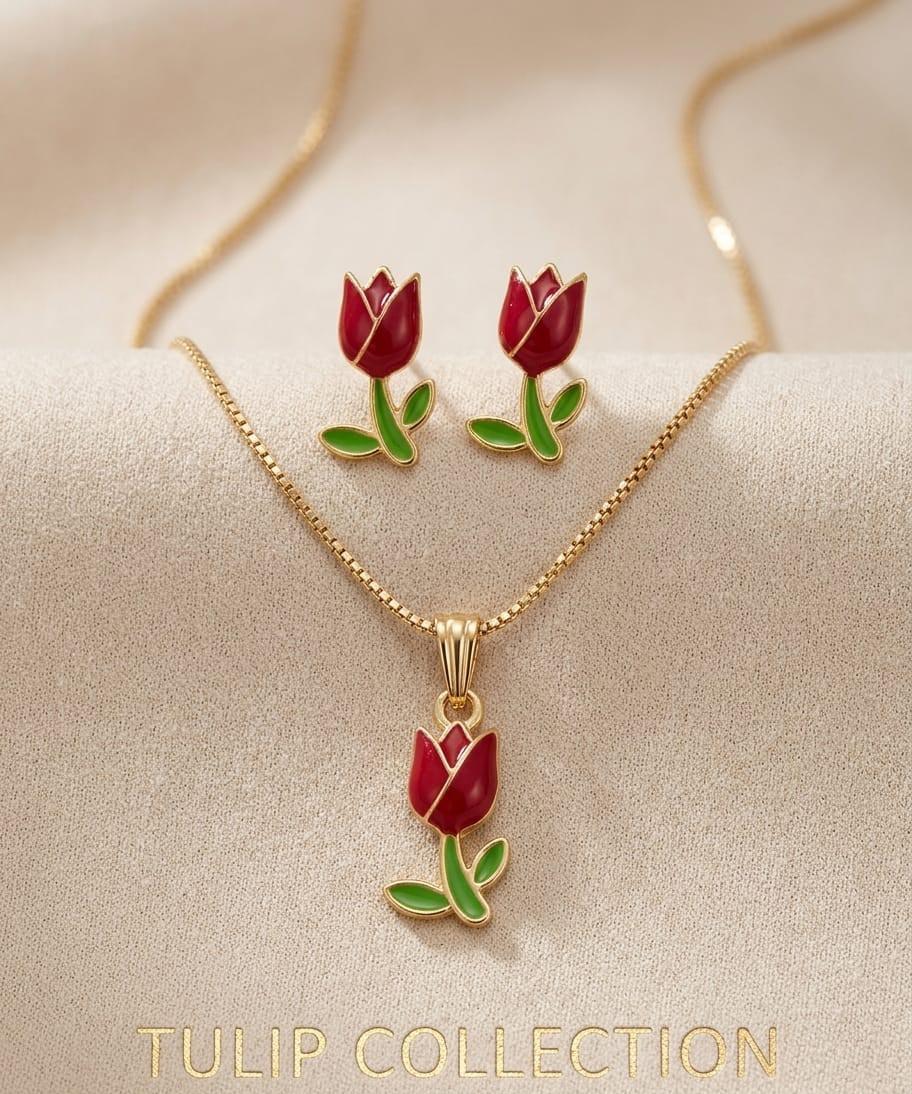 Red Tulip Collection Necklace with Matching Stud Earrings