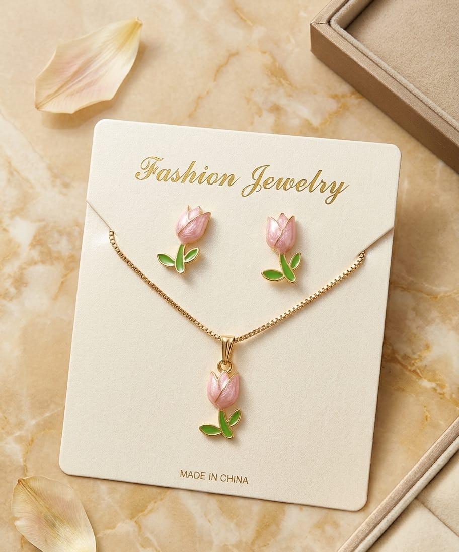 Pink Tulip Flower Necklace and Earring Set – Gold Plated Jewelry