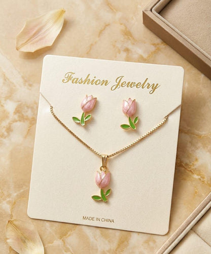 Pink Tulip Flower Necklace and Earring Set – Gold Plated Jewelry