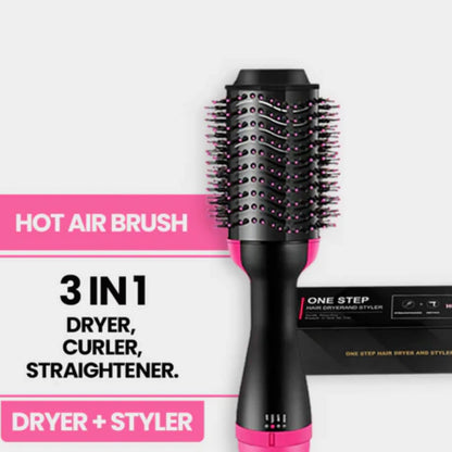3-in-1 hot air brush hair straightener with premium box packing for drying, straightening, and styling hair.