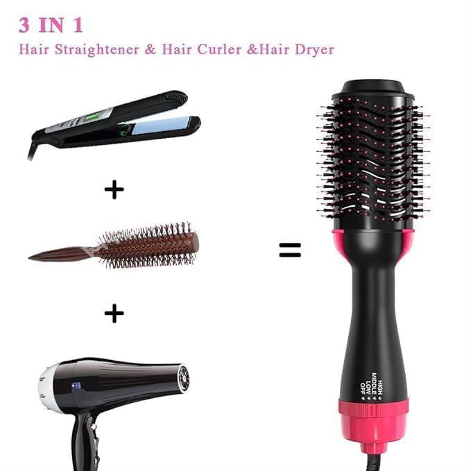 Professional 3-in-1 hot air brush hair styler featuring hair dryer, straightener, and volumizing brush.