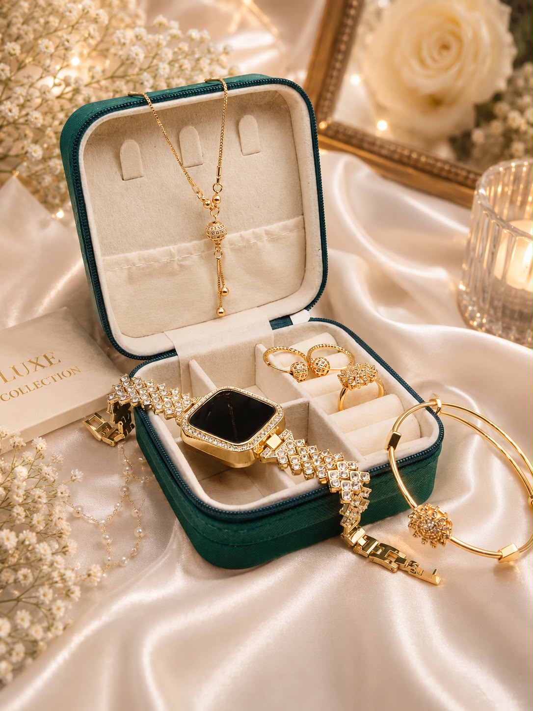 An open dark teal jewelry box on draped champagne satin, displaying a gold necklace, watch, rings, and bracelet. A card reading 'LUXE COLLECTIONS' is visible on the left.