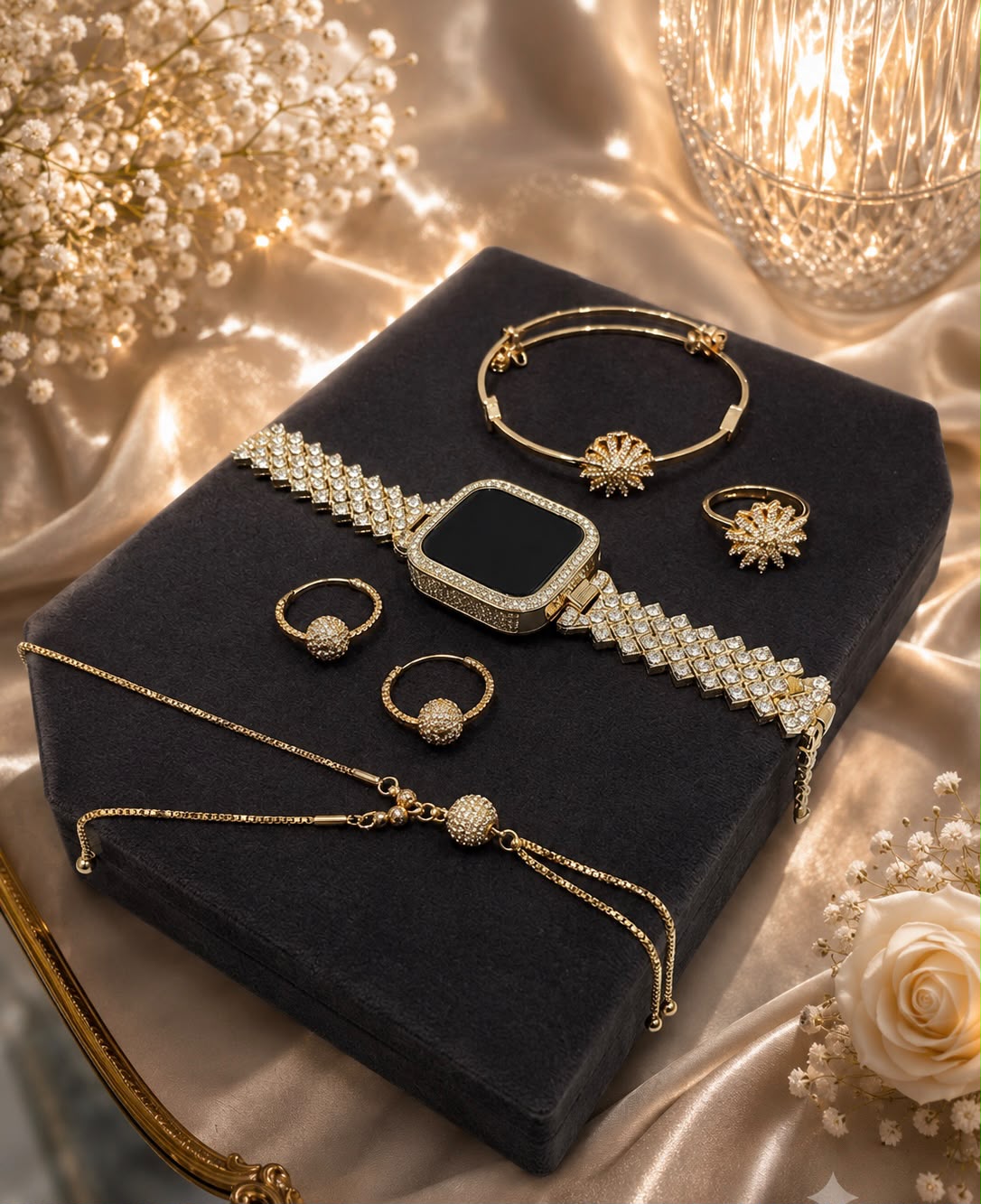 A gold jewelry set arranged on a black velvet jewelry box, including a watch band, bracelet, rings, necklace, and earrings, styled with champagne satin fabric, pearl flowers, and a glowing decorative glass.