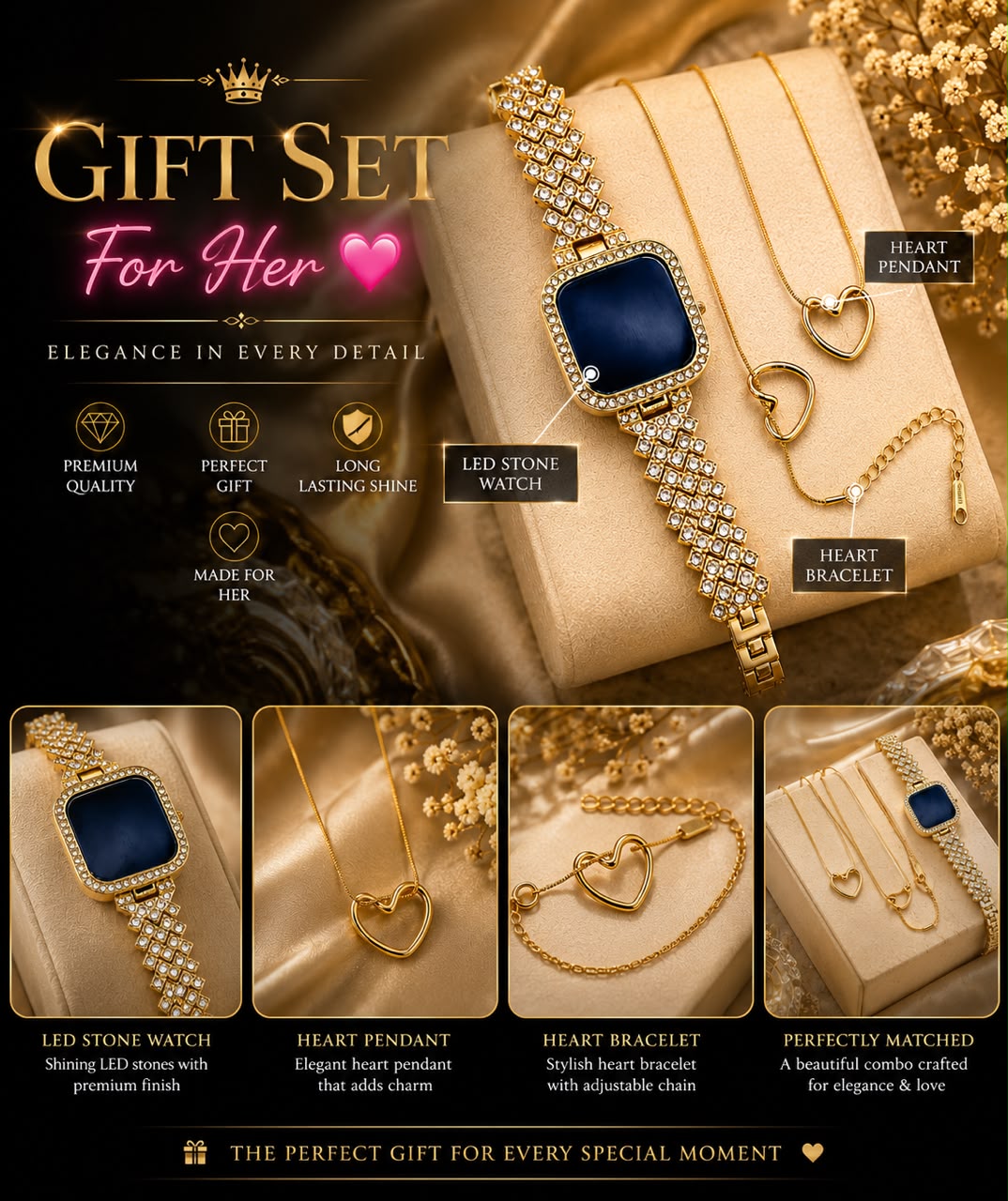 Gold-toned gift set for her featuring a diamond-encrusted LED stone watch with a dark blue heart-shaped face, matching heart pendant, heart bracelet, and a small wallet, presented on beige velvet with promotional text.
