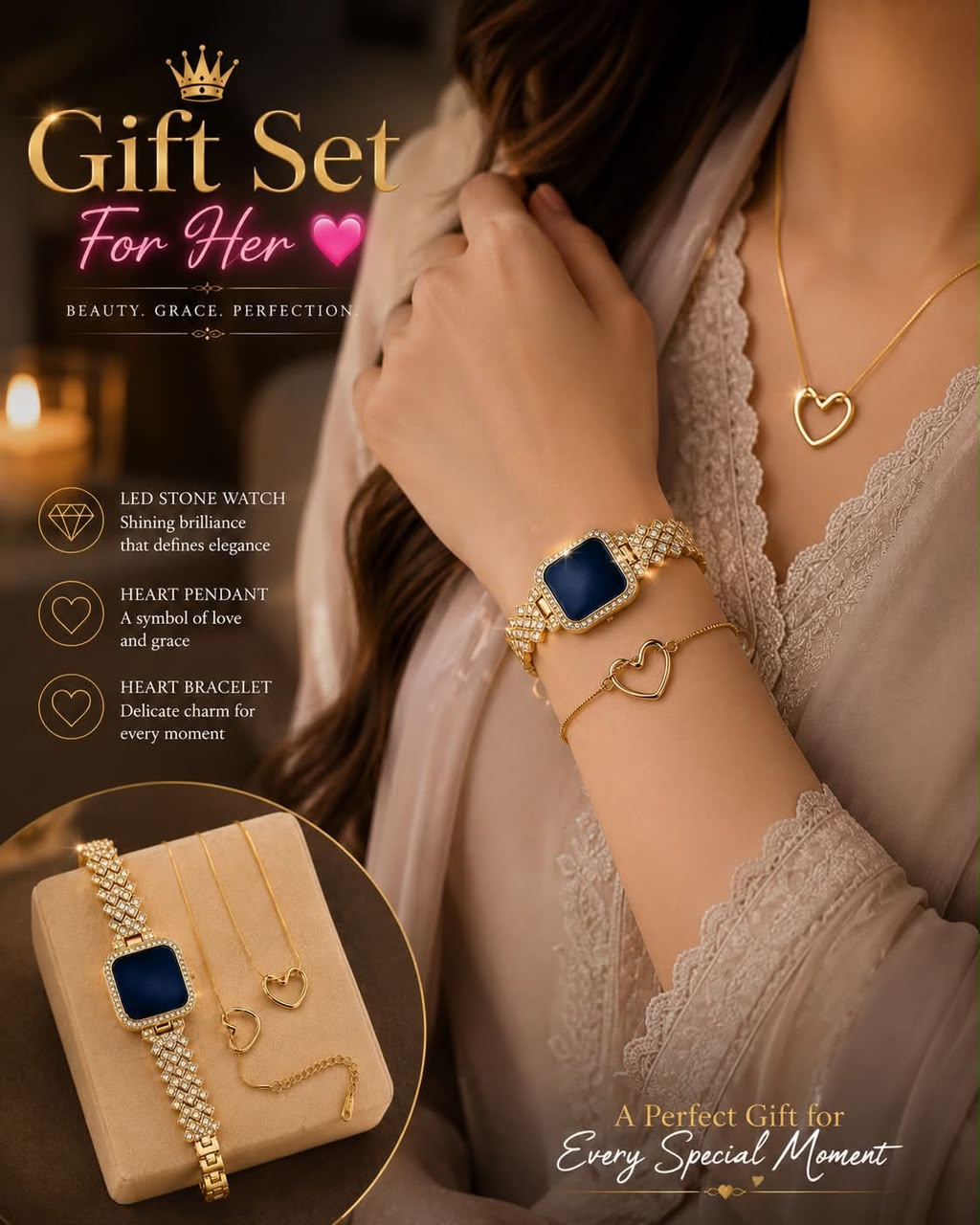 A gift set for her featuring a gold LED stone watch, heart pendant necklace, and heart bracelet, shown on a model wearing beige lace clothing. An inset circle displays the jewelry set on a beige box.