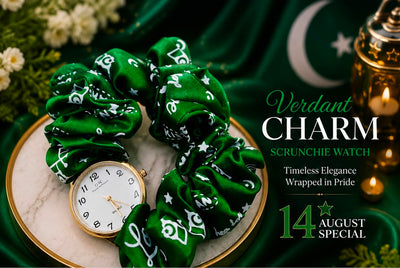 Green bandana-print scrunchie watch with a gold-tone case and white dial, styled on a marble plate with green fabric, flowers, and a lantern in the background. Text on the right reads 'Verdant CHARM SCRUNCHIE WATCH' and '14 AUGUST SPECIAL'.