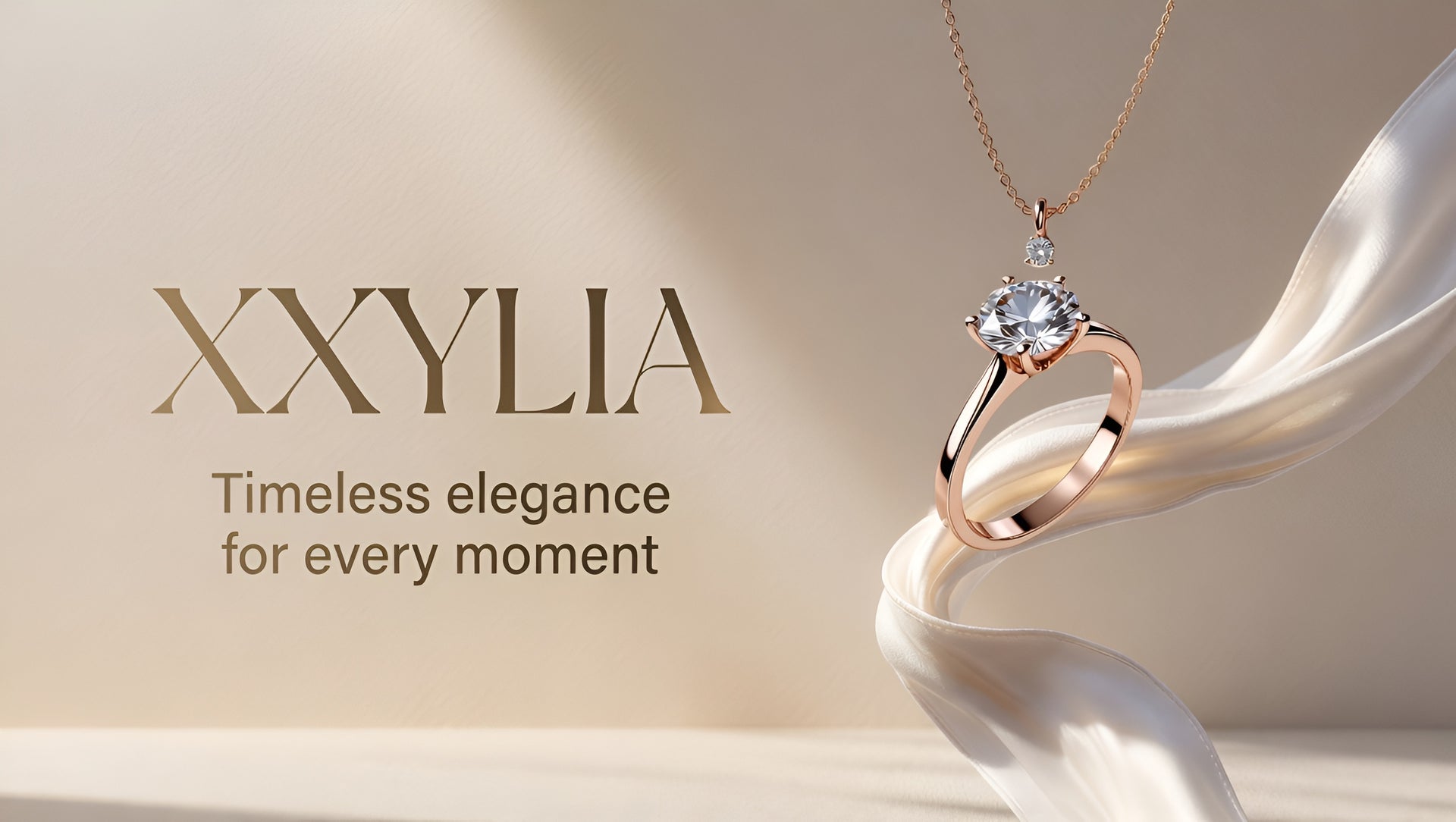 Rose gold ring with diamond on a white ribbon, branded 'XXYLIA' with tagline.