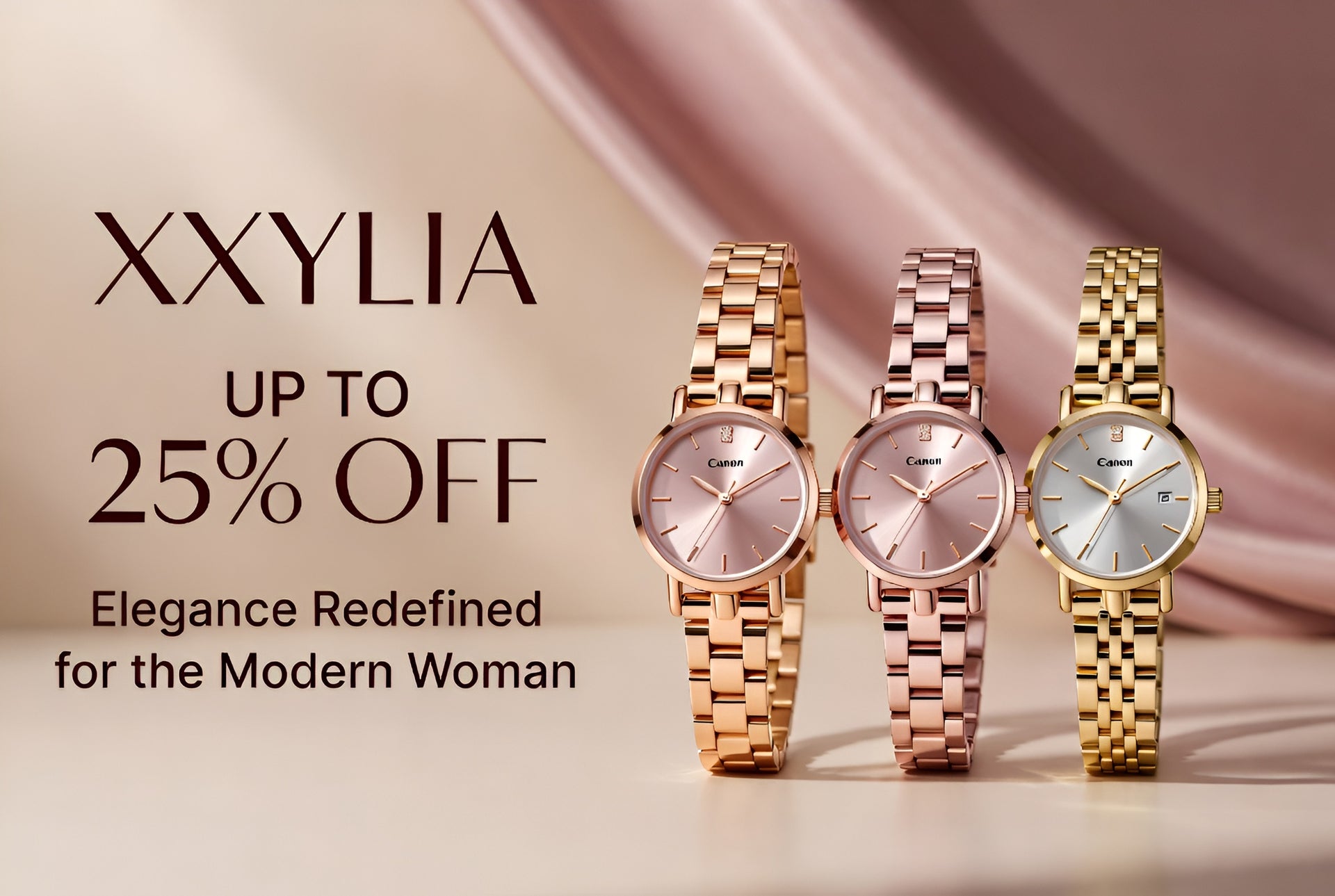 Three gold and rose gold watches on a beige background with XXYLIA branding and discount offer.